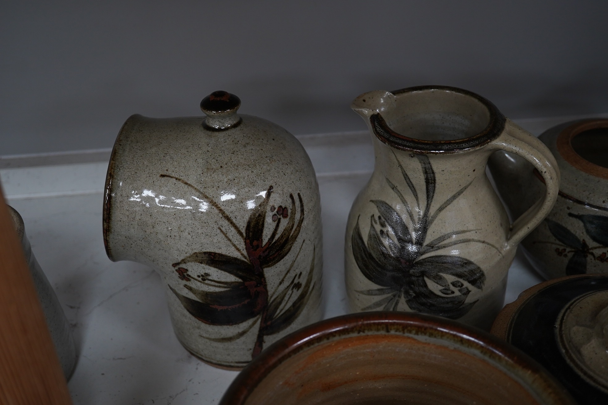 A large collection of Studio ceramics by John Davidson, Truro Pottery, largest item casserole pot and cover 20cm high (31). Condition - teapot has cover missing, but rest mostly good